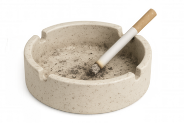 Lit cigarette resting on grimy ashtray, signaling harmful smoking addiction against transparent backdrop