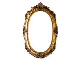 Obraz premium Ornate antique golden oval picture frame with a cracked texture and intricate baroque carvings.