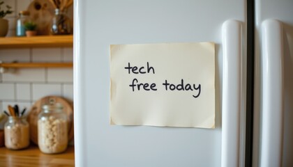 Tech-Free Day Reminder Kitchen Handwritten Note Home Environment Close-Up Mindfulness Concept