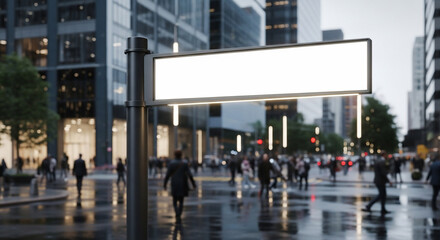 Obraz premium Illuminated Blank Sign in Urban Setting with Pedestrians and City Buildings
