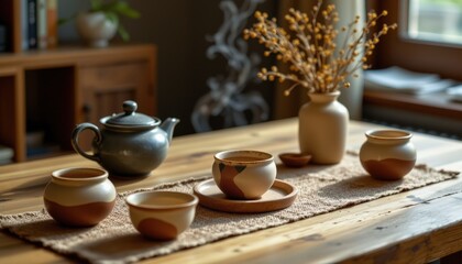 Fototapeta premium Mindful Tea Ceremony Setup Cozy Interior Still Life Warm Atmosphere Intimate View Serenity and Reflection
