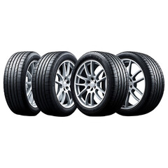 Set of Four High Performance Car Tires with Alloy Rims, Ideal for Automotive Enthusiasts and Professional Mechanics, Isolated on Background