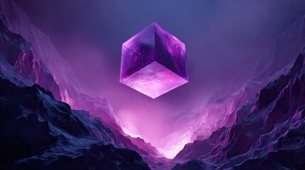 Floating purple cube in mountainous landscape