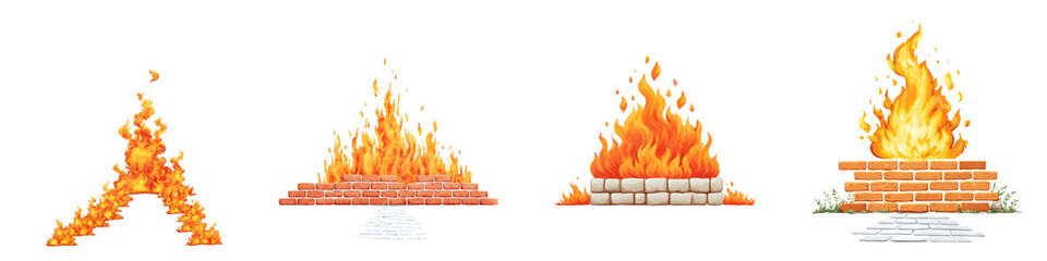 Bonfire Set: Burning Firewood and Brick Structures on White