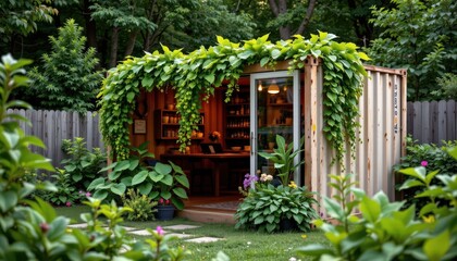 Repurposed Shipping Container Garden Studio Backyard Architecture Lush Environment Eye-Level View Sustainable Living Concept