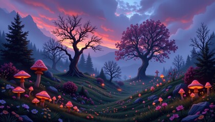 Twilight Mystical Garden Adventure Enchanted Woods Fantasy Landscape Serene Environment Dreamlike Viewpoint