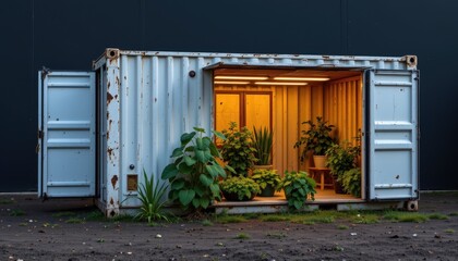 Repurposed Shipping Container as Modern Garden Retreat Urban Environment Interior Nature Integration