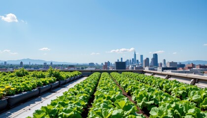 Urban Farming Action Rooftop Garden with Standard Rows Cityscape Bright Day Sustainable Living