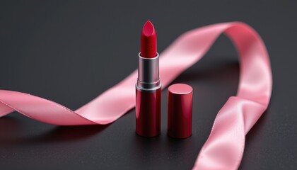 Red Lipstick and Silky Ribbon Display Cosmetic Studio Setting Artistic Close-Up Beauty Concept
