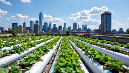 Urban Farming Action Rooftop Garden Rows New York City Urban Environment Aerial View Sustainable Concept