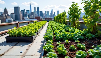 Urban Rooftop Farm Growing Fresh Greens New York City Agriculture Sunny Skyline Aerial Perspective