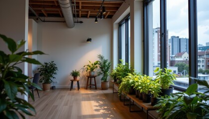 Hydroponic Garden Setup in Modern Office Space Indoor Plants Natural Light Urban Environment Contemporary