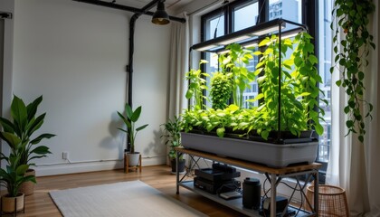 Indoor Hydroponic Gardening Setup Urban Apartment Interior Modern Bright Atmosphere