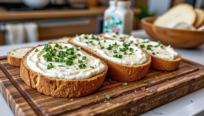 Creamy Sliced Bread Topped with Green Onion Kitchen Counter Food Cozy Home Close-Up Culinary Delight