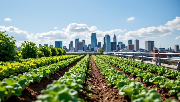 Urban Rooftop Farming Initiative Cityscape Agriculture Bright Sunlight Eye-Level View Sustainable Living Concept