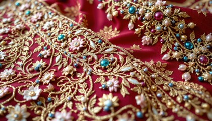Traditional Indian Wedding Attire India Textile Detail Vibrant Colors Close-up View Cultural Heritage