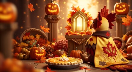 Charming autumn scene with festive pumpkins, warm candlelight, and bird plush toy in colorful fall-themed feathers standing near a table with thanksgiving dessert and autumn decorations