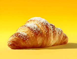 A delicious, flaky croissant resting on a vibrant yellow background. Perfect for showcasing breakfast themes, pastries, and culinary delights.