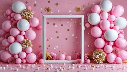 A festive party background with pink and white balloon garlands surrounding a blank white frame for copy space.