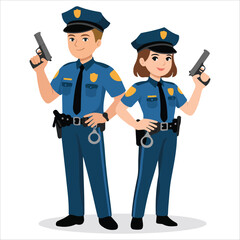 cartoon police duo holding pistols vector graphic plain background