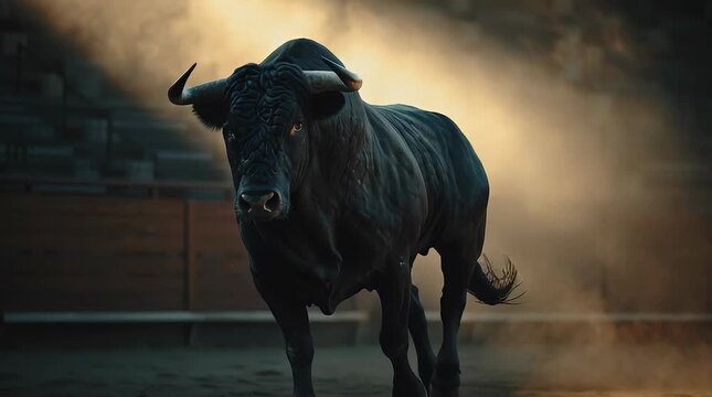 Powerful Fighting Bull in Arena with Dramatic Light