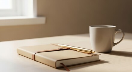 Closed kraft notebook with gold pen and white mug on desk