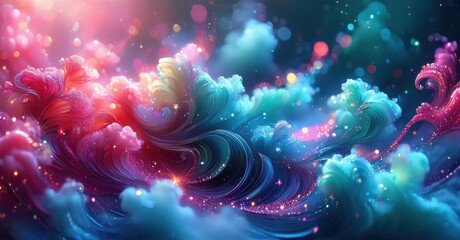 Obraz premium Abstract swirls, vibrant colors blend. Pink, teal, purple hues create dreamy, flowing patterns. Sparkles add magical feel.
