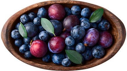 Blueberries and Plums in Wooden Bowl, isolated on transparent background