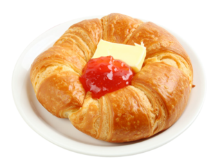 Golden baked croissant with a pat of butter and a dollop of red strawberry jam.