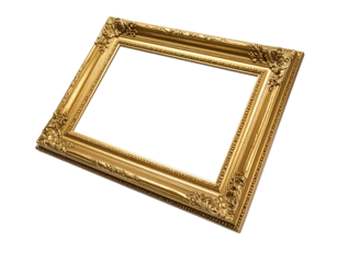 Elegant antique gold picture frame with ornate baroquestyle carvings angled view.