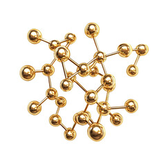 Golden molecular structure with connected spheres isolated on white background