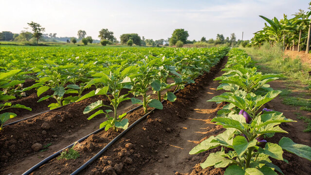 Brinjal plant in field, Brinjal plant in farm in natural blue sky background