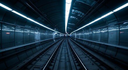Fototapeta premium Inside the modern subway corridor. Curved line of the train tracks. May represent travel, speed, urban communication or futuristic technology.