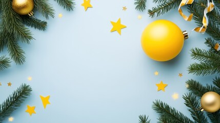 Merry Christmas Festive Decor: Yellow and Gold Ornaments with Pine Branches on a Light Blue Background