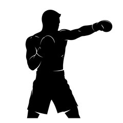 A black silhouette of a boxer throwing a punch, representing strength, fitness, and the dynamic action of combat sports on a clean white background.