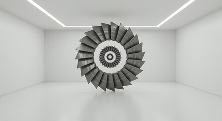 Empty room, Abstract spinning metal spiral, hypnotic effect. Design. Endless motion of metal tiles or blades.