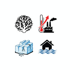 Naklejka premium Climate change impact icons showing coral, rising temperatures, melting ice, and rising sea levels.