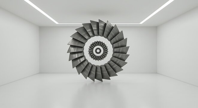 Empty room, Abstract spinning metal spiral, hypnotic effect. Design. Endless motion of metal tiles or blades.