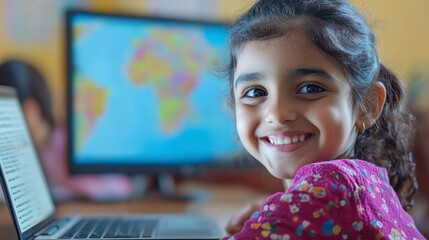 Cheerful girl using laptop for online learning and engaging with technology
