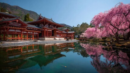 Breathtaking Japanese Temple Amidst Cherry Blossoms
