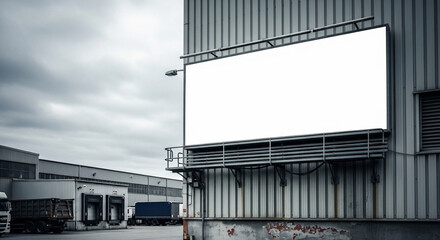 Obraz premium Large blank billboard mounted on corrugated metal warehouse wall ready for advertising
