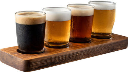 Beer Flight on Wooden Paddle, isolated on transparent background