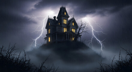 An old Victorian haunted house on a hill, glowing windows, swirling mist, thunderstorm sky, cinematic horror movie atmosphere, highly detailed