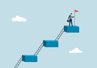 Step to grow business, ladder of success, progress, improvement or development to achieve goal, growth journey, career path concept, businessman climb up ladder step by step to achieve goal.