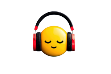 Yellow smiley face with closed eyes wearing red and black headphones on Transparent Background