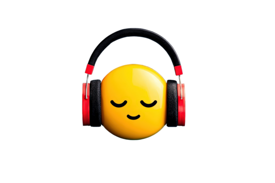 Yellow smiley face with closed eyes wearing red and black headphones on Transparent Background
