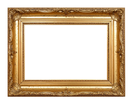 Ornate antique gold picture frame with intricate baroquestyle carvings and a distressed gilded finish.