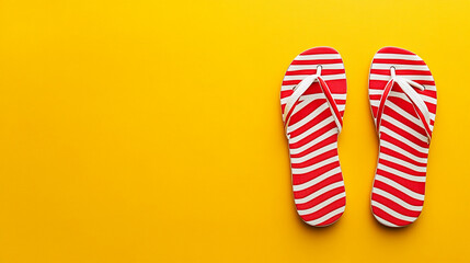Red and white striped flip flops on yellow background summer vacation footwear beach