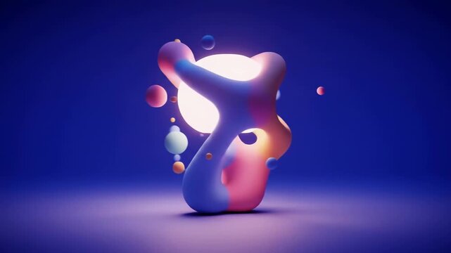 Modern abstract 3d animation loop of colorful soft metaballs floating and morphing around a central glowing sphere in a satisfying style
