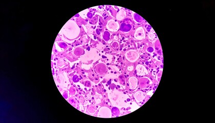 Microscopic view of varied-sized cells, purple hues, densely packed